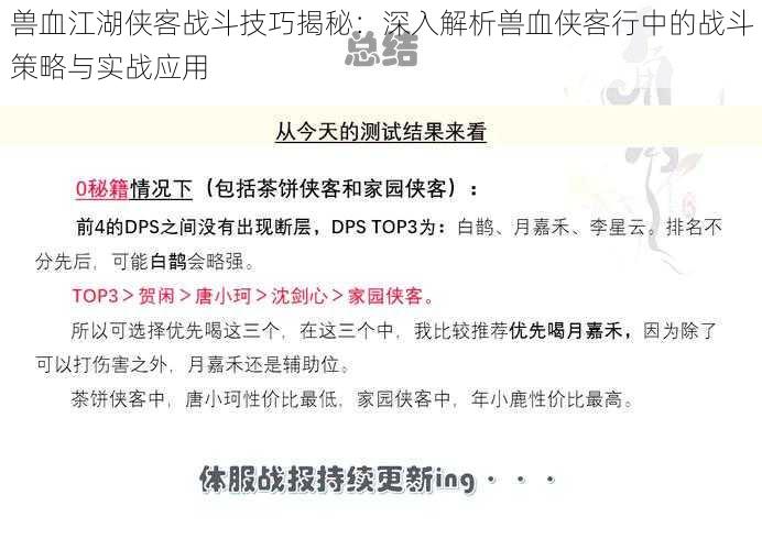 兽血江湖侠客战斗技巧揭秘：深入解析兽血侠客行中的战斗策略与实战应用